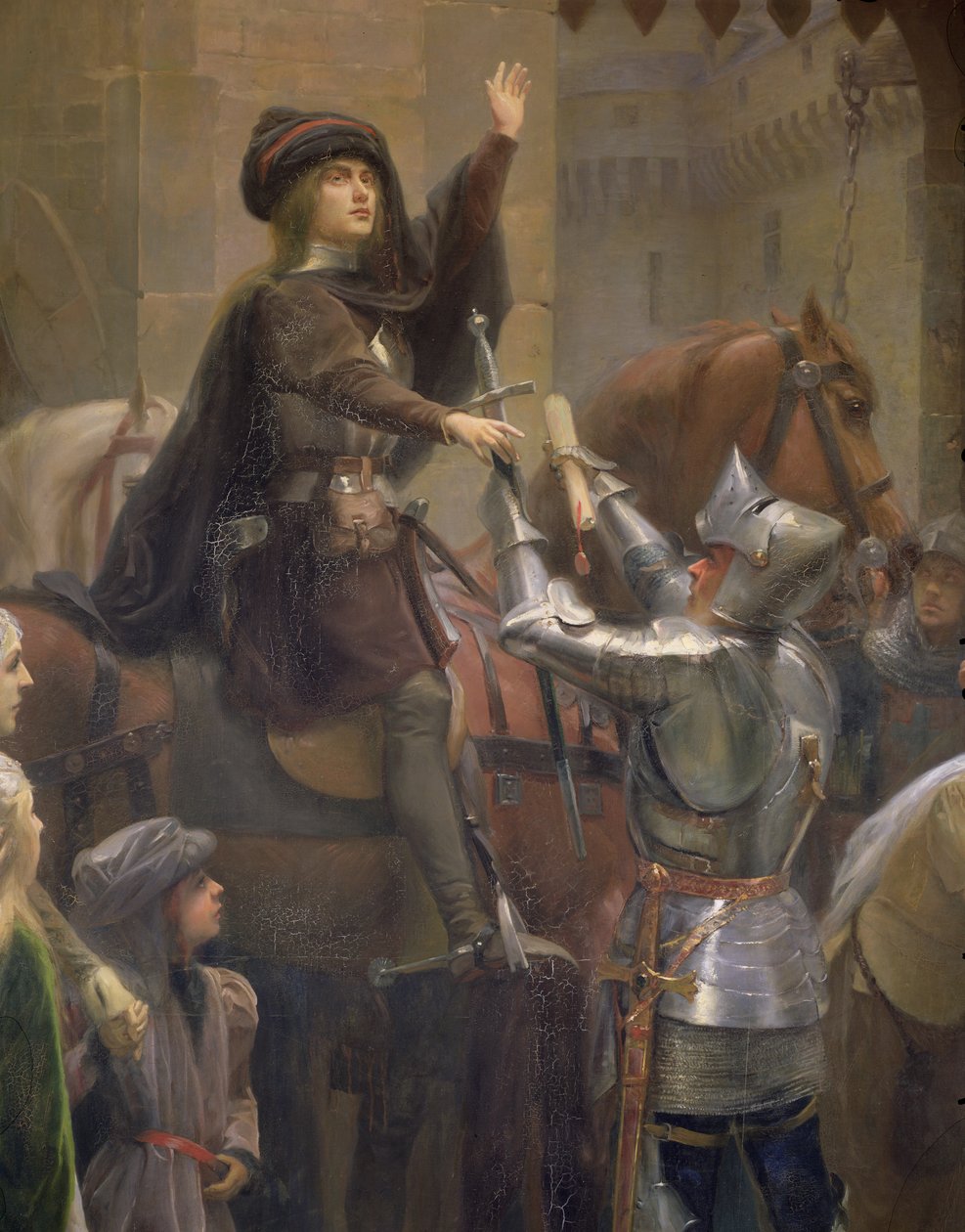 جان دارك تغادر Vaucouleurs ، 23 فبراير 1429 تفاصيل بودريكورت وجوان دارك ، 1887 زيت على قماش بواسطة جان جاك شيرير