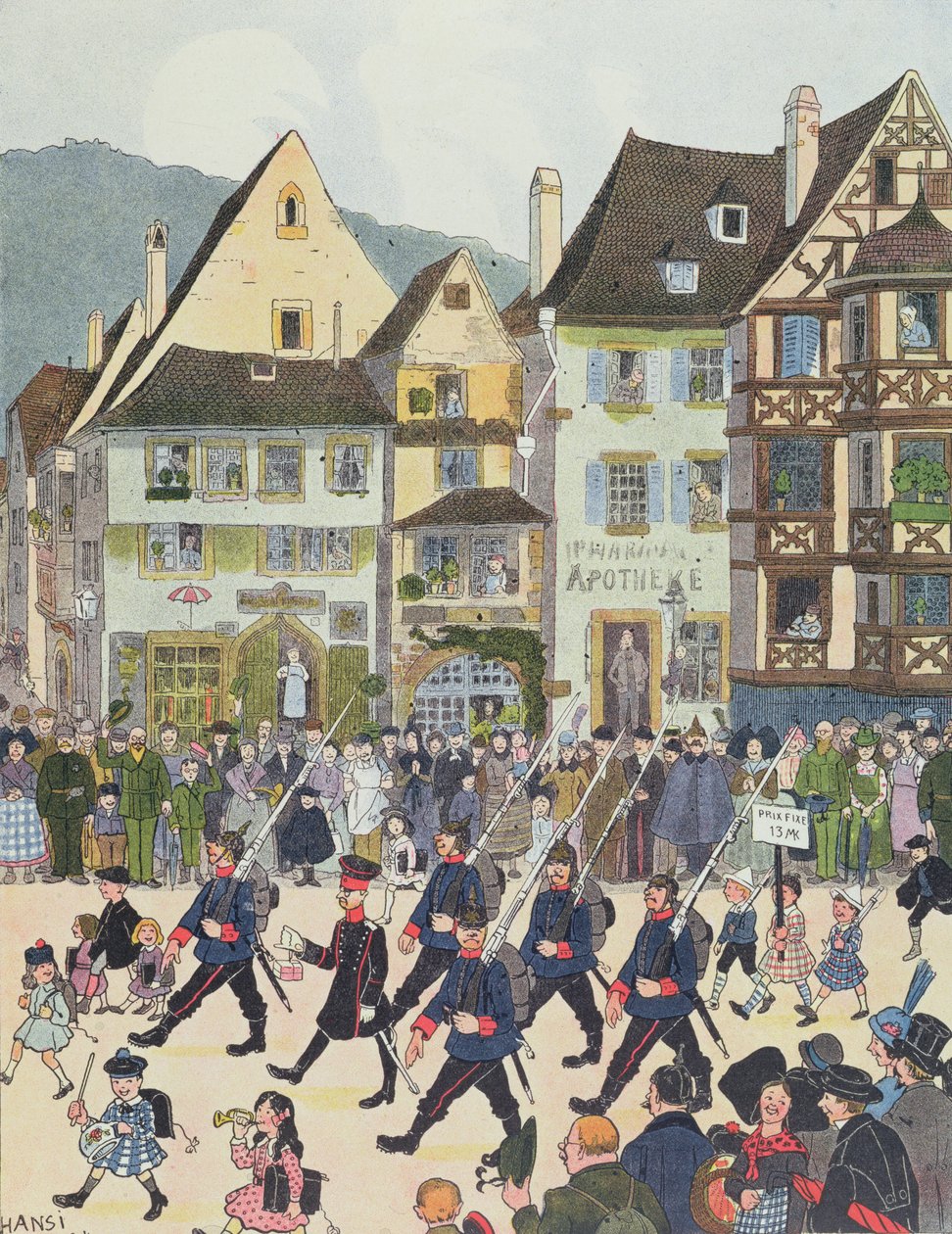 هير فورستنر يغادر سافيرن مع جنوده بعد شراء بعض الشوكولاتة في عام 1913 ، رسم توضيحي من "Histoire d