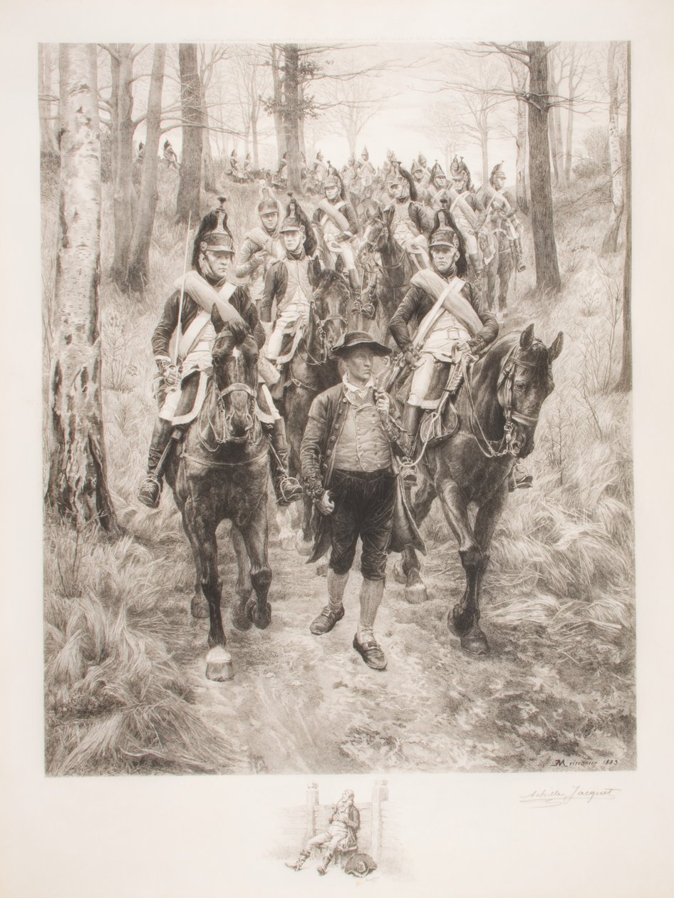 الفرسان الفرنسيون يسافرون عبر الغابة مع الدليل ، محفور بواسطة Achilles Jacquet (1846-1908) بواسطة جان لويس إرنست ميسونييه