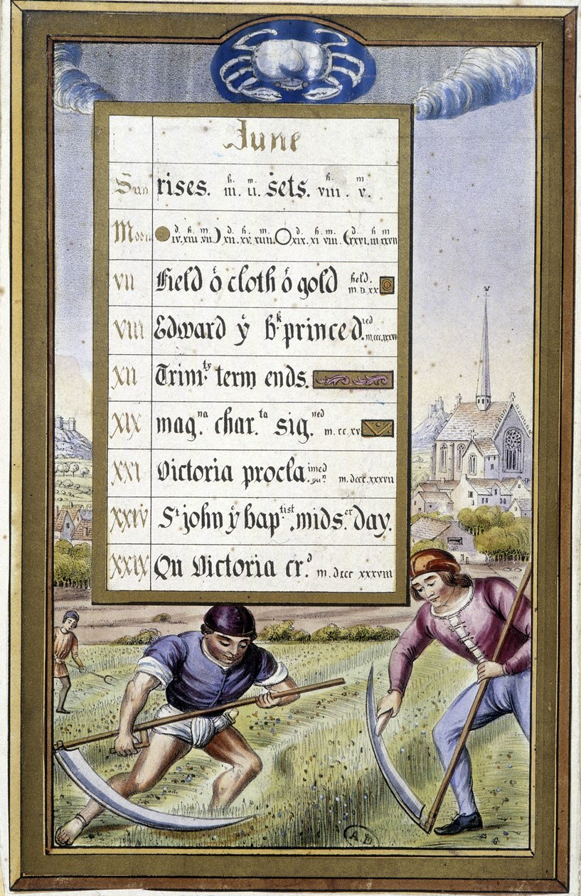 تقويم شهر يونيو وعلامة السرطان - في "" Hours d'Anne de Bretagne "بقلم جان بورديكون بواسطة جان (بعد) بورديكون