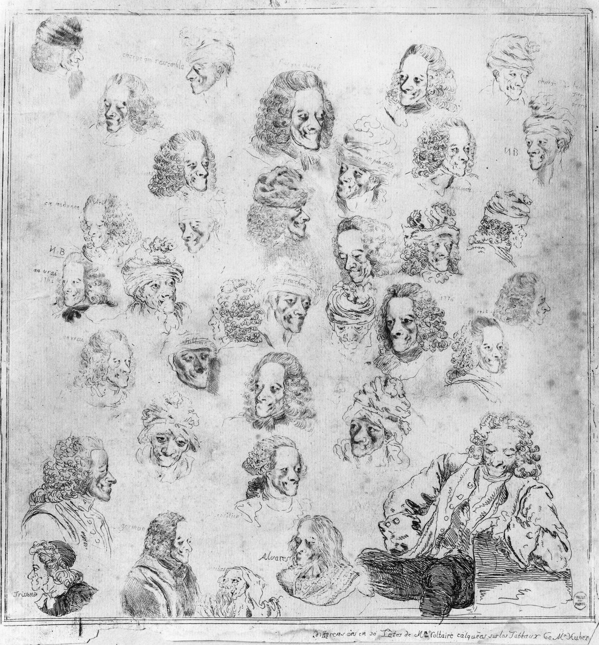 نغمات مختلفة في 30 رأس فولتير. صور فرانسوا ماري أرويه ، ديت فولتير (1694-1778) "" الفسيولوجيا المختلفة لفولتير "". مياه قوية منسوبة إلى دومينيك فيفانت دينون (فيفانت دينون) (1747-1825) بعد جان هوبر (1721-1786). متحف ج بواسطة جان (بعد) هوبر