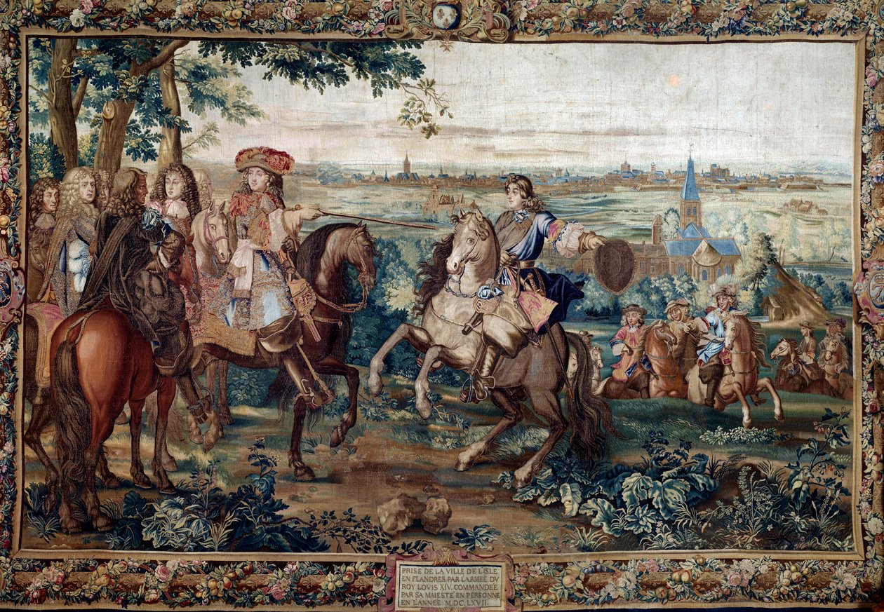 تابع من Histoire du Roi: "" القبض على ليل بواسطة لويس الرابع عشر ، أغسطس 1667 بعد الورق المقوى للقديس أندريه. لوحة رسمتها ورشة جان موزين (القرن السابع عشر) في مصنع جوبيلينز. خافت. 3،7x5،5 م. قصر فرساي ، متحف القلعة بواسطة جان (ورشة عمل) موزين