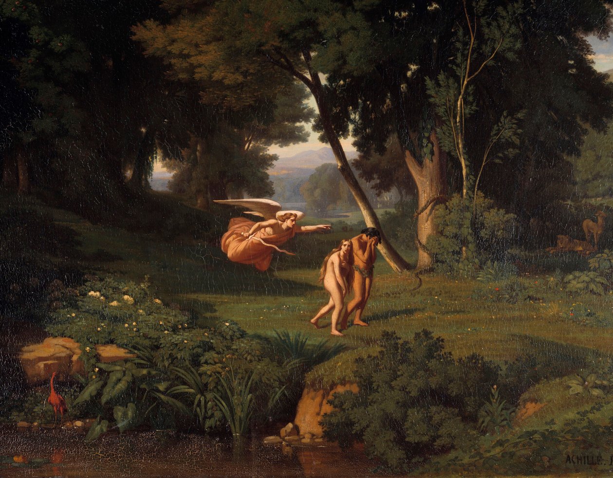 آدم وحواء تشاس دو باراديس لوحة لأخيل بينوفيل (1815-1891) 1841 صن. 1.45x1.46 م بيزانكون ، متحف الفنون الجميلة بواسطة جان أشيل بنوفيل