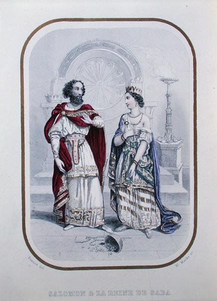 الملك سليمان وملكة سبأ ، رسم توضيحي من `` Histoire des Amants Celebres de l'Antiquite '' لألفونس وأديل إسكيروس ، نقشه دبليو ماركس بواسطة جان أدولف (بعد) بوس