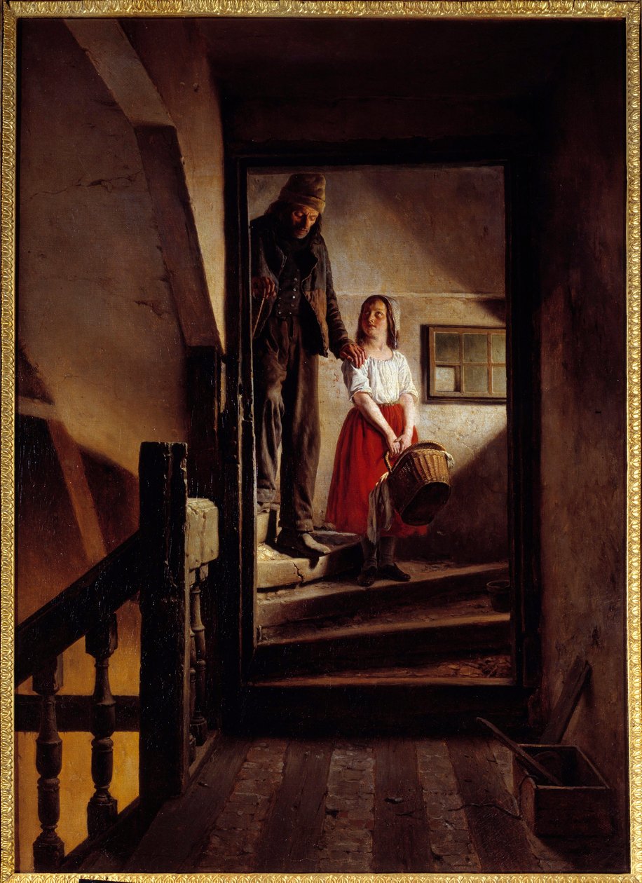 الشيخوخة عصا فتاة صغيرة تساعد رجل عجوز على أسفل سلم. رسم جان ألفونس روين (1799-1864) 1852 روان ، متحف الفنون الجميلة بواسطة جان ألفونس روين