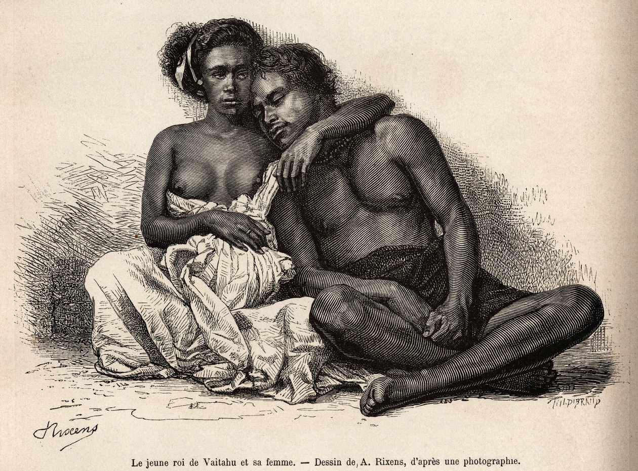 يحيط ملك Vaitatu الشاب ، في جزيرة Tauata ، في أرخبيل جزر Marquises ، نفسه بذراعي زوجته ، محفورًا بعد رسم بواسطة A.Rixens يوضح ذكريات المحيط الهادئ ، في 1872-1874 ، بواسطة ألف حمولة ، سفينة بواسطة جان أندريه ريكسينز