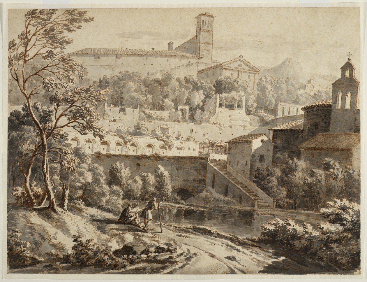 فنان رسم على طول ضفة النهر ، أسفل بلدة إيطالية ، c.1780 (حبر وغسل على ورق مضغوط ، آثار طباشير سوداء) بواسطة جان أنطوان كونستانتين