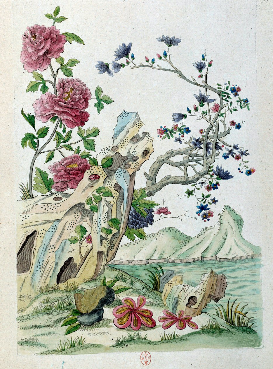 رسم من إناء صيني: زهور في منظر طبيعي. لوحة جان أنطوان فرايس (القرن الثامن عشر) بواسطة جان أنطوان فرايس