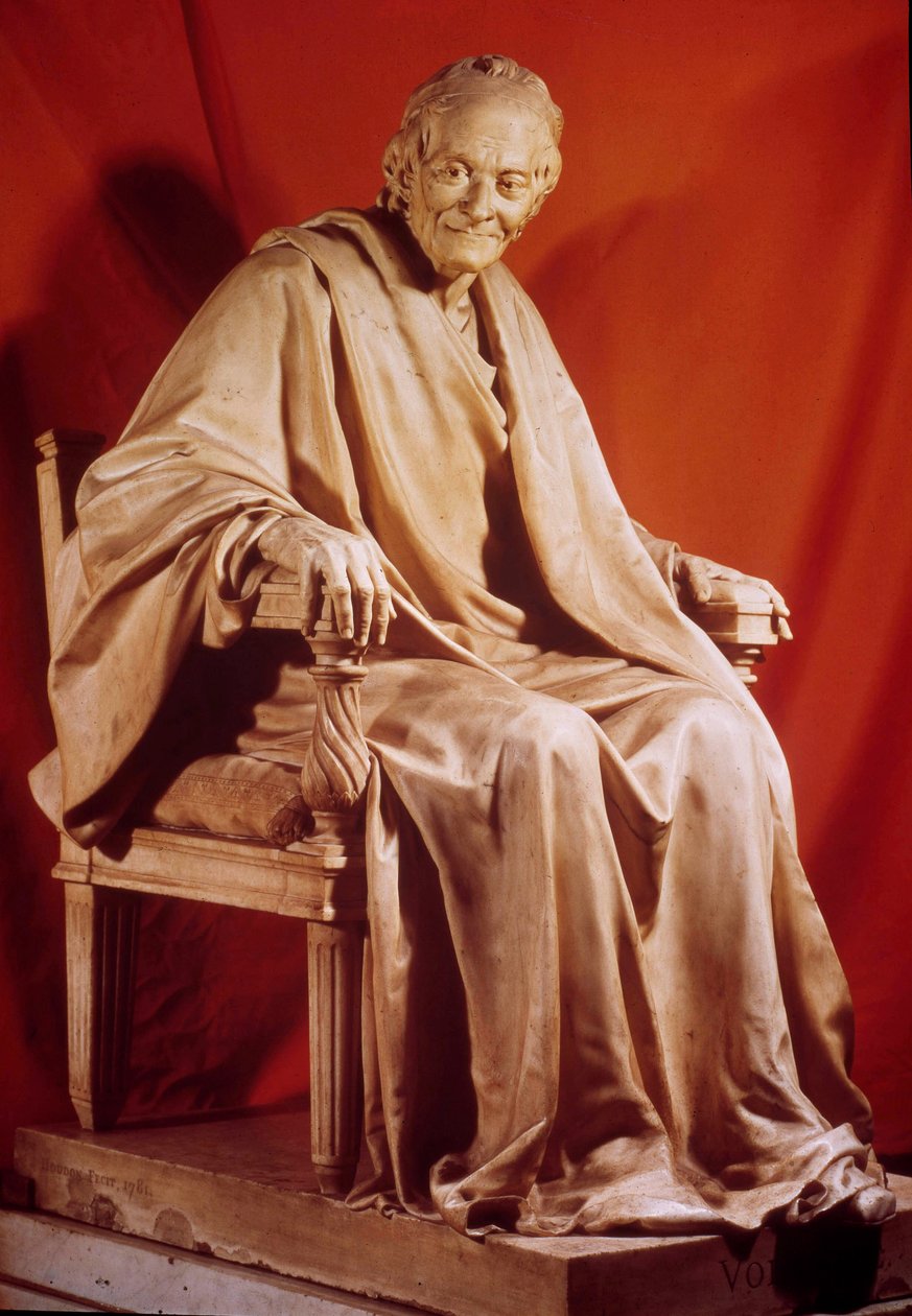 صورة لفولتير (فرانسوا ماري أرويت) (1694-1778). النحت من قبل جان أنطوان هودون (1741-1828) القرن الثامن عشر في باريس ، كوميديا فرنسية بواسطة جان انطوان هدون