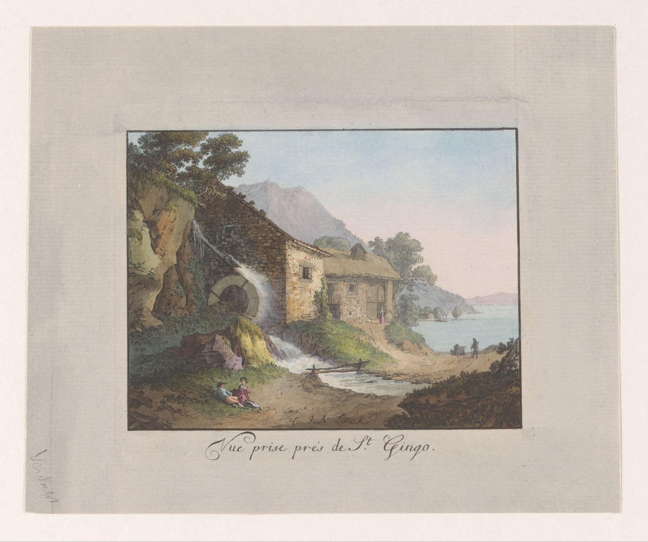 طاحونة مائية على حافة بحيرة جنيف جائزة Vue prés de St Gingo (العنوان على الكائن) بواسطة جان أنطوان لينك
