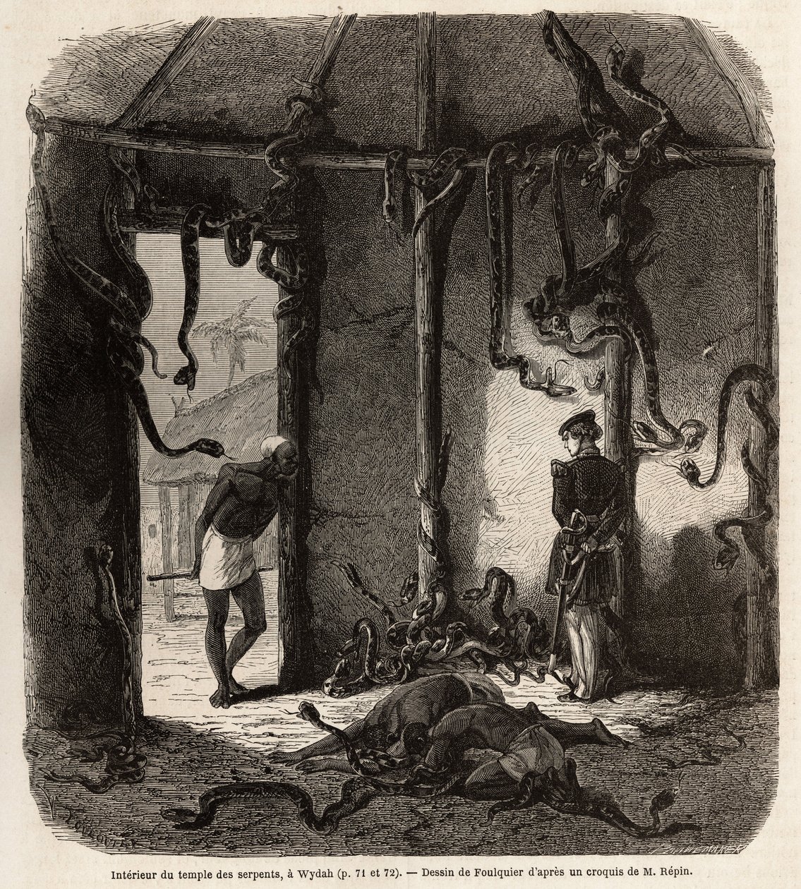 داخل معبد ثعابين فيتيش ، في ويدا ، في داهومي (بنين الحالية) ، رسم جان أنطوان فولكييه (1822-1896) ، لتوضيح رحلة الدكتور ريبين إلى داهومي في عام 1860. نقش في "" Le tour du monde " "، الذي حرره إدوارد شارتون بواسطة جان أنطوان فالنتين فولكير