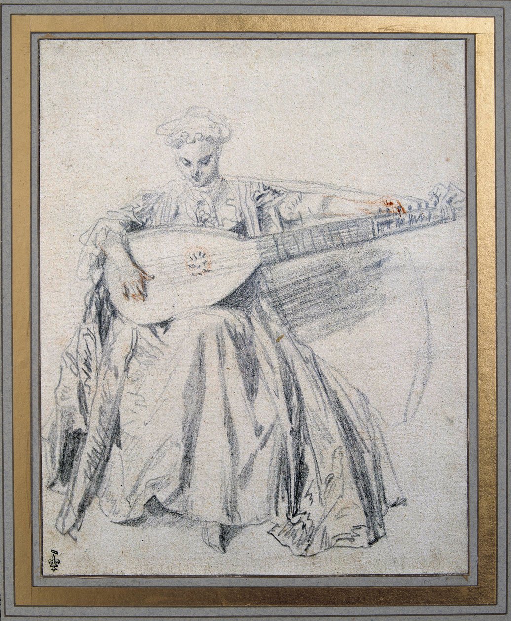 A lute player Drawing a lead mine and blood by Jean Antoine Watteau (1684-1721) 18th century Chantilly musee Conde بواسطة جان أنطوان واتو