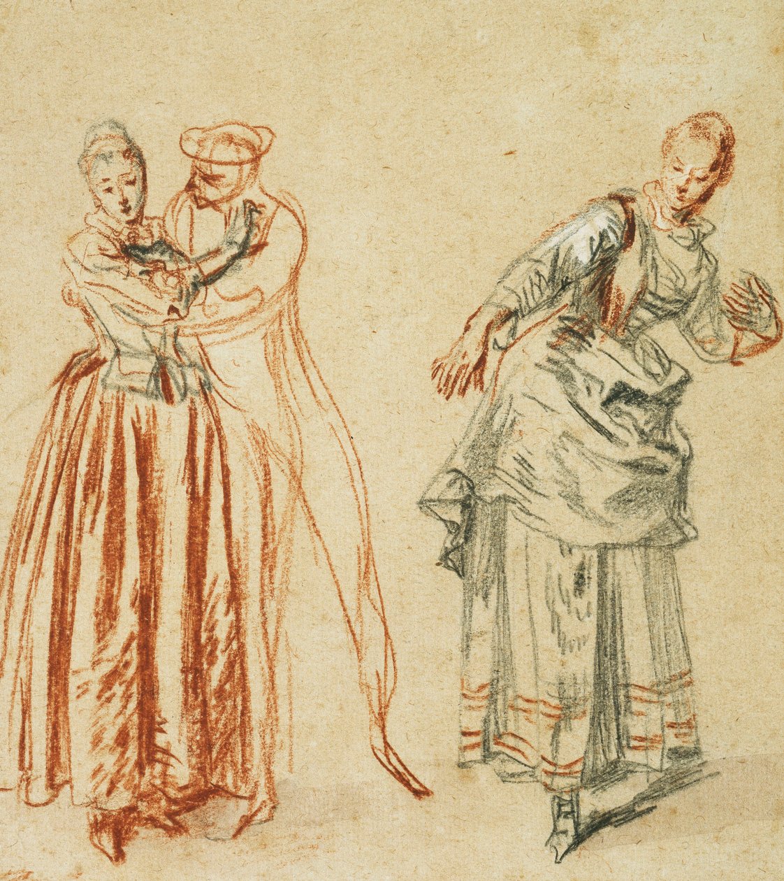 مشهد من Commedia dell "arte: فتاة تقاوم تقدم الممثل الكوميدي ، وممثلة تنفذ خطوة ، ج .1718 بواسطة جان أنطوان واتو