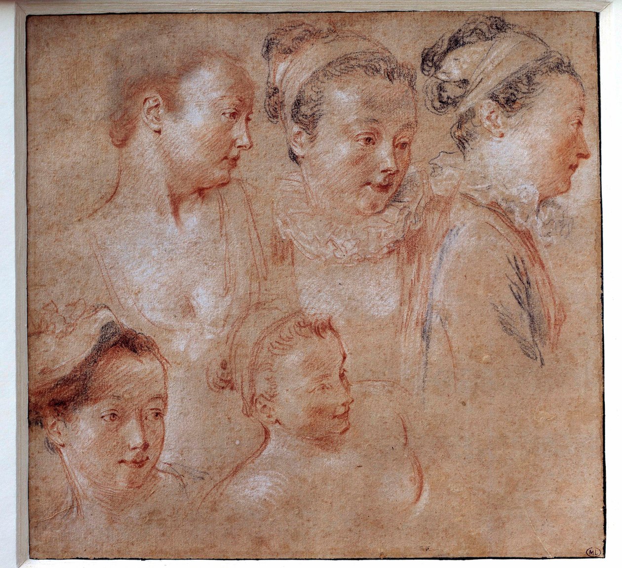 خمس تسريحات شعر للسيدات رسم جان أنطوان واتو (1684-1721) 1713 باريس ، متحف اللوفر بواسطة جان أنطوان واتو
