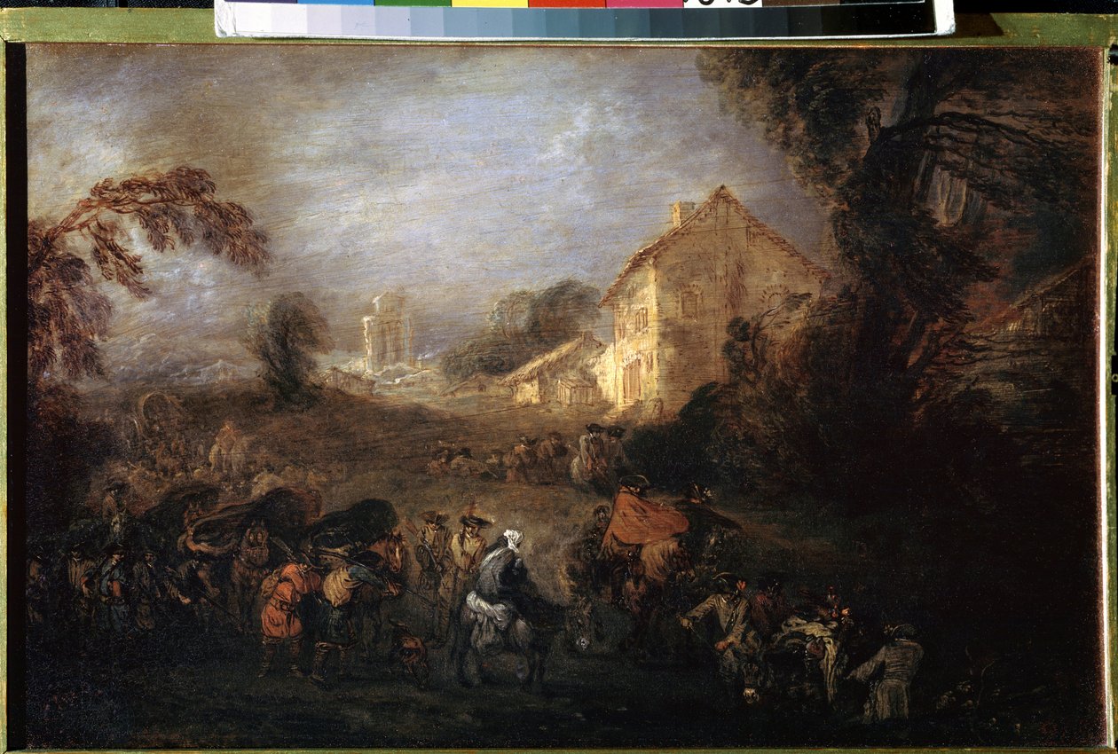 عبء الحرب. رسم جان أنطوان واتو (1684-1721). زيت على نحاس ، 21.5 × 33.5 سم ، حوالي عام 1713. فن فرنسي ، فن روكوكو. متحف هيرميتاج ، سانت بطرسبرغ. بواسطة جان أنطوان واتو