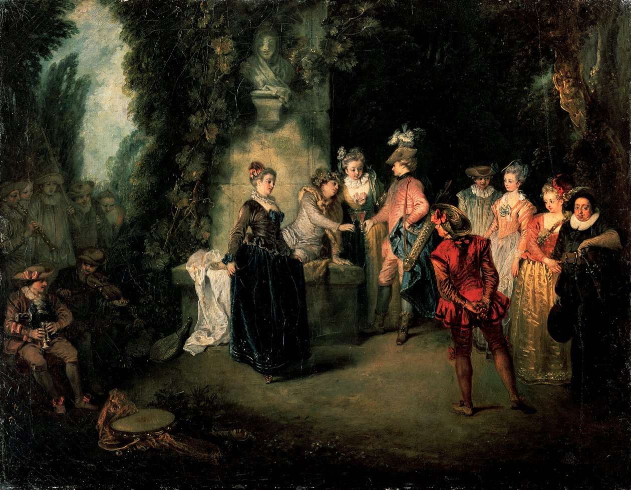 Love in French Theatre by Jean-Antoine Watteau (1684-1721), oil on canvas, 37x48 cm بواسطة جان أنطوان واتو