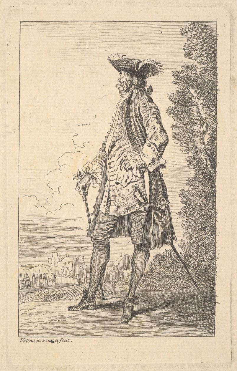 رجل يمشي ويحمل قصبًا في يده اليمنى ، موضحًا في منظر ثلاثي أرباع مع h ...، ca. 1710. بواسطة جان أنطوان واتو
