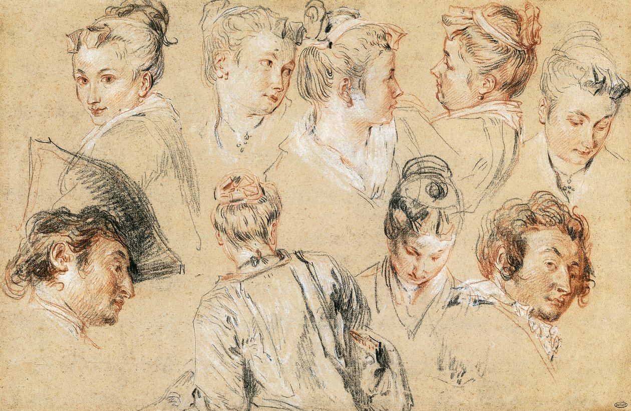 Study of heads, by Jean-Antoine Watteau (1684-1721), drawing بواسطة جان أنطوان واتو
