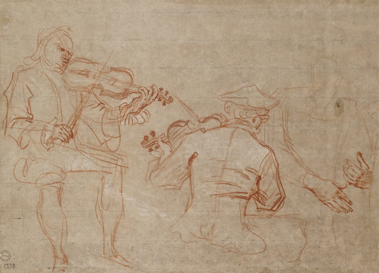 دراسة لعازفي كمان وزوج من الأيدي ممسكة بذراع على اليمين حوالي عام 1716 بواسطة جان أنطوان واتو