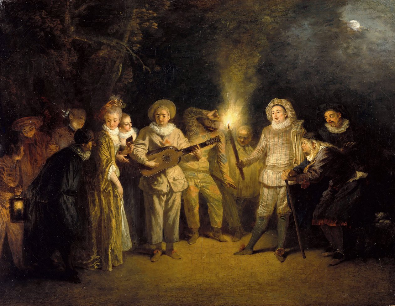 الكوميديا ​​الإيطالية - Peinture de Jean Antoine (Jean-Antoine) Watteau (1684-1721) ، بعد 1716 - زيت على قماش ، 37x48 - Staatliche Museen ، برلين بواسطة جان أنطوان واتو