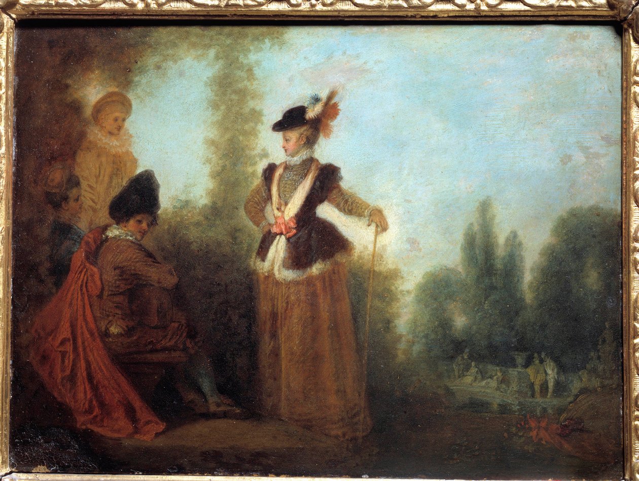 المغامرة شابة أنيقة في ملابس السفر. رسم جان أنطوان واتو (1684-1721) من القرن الثامن عشر متحف تروا للفنون الجميلة بواسطة جان أنطوان واتو