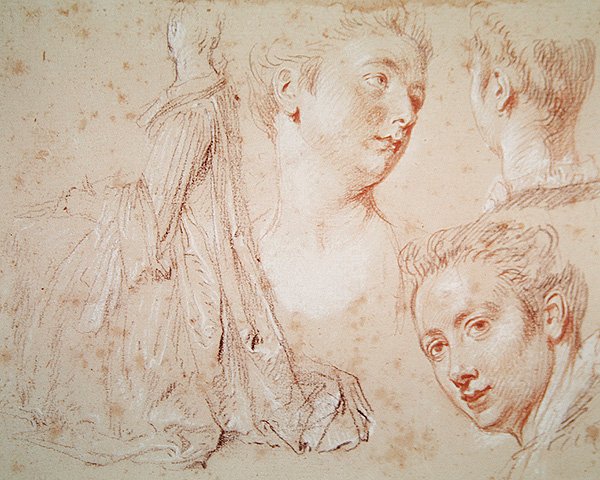 ثلاثة رؤوس وامرأة جالسة ، c.1716 (تلوين بالطباشير الأسود والأحمر على ورق) بواسطة جان أنطوان واتو