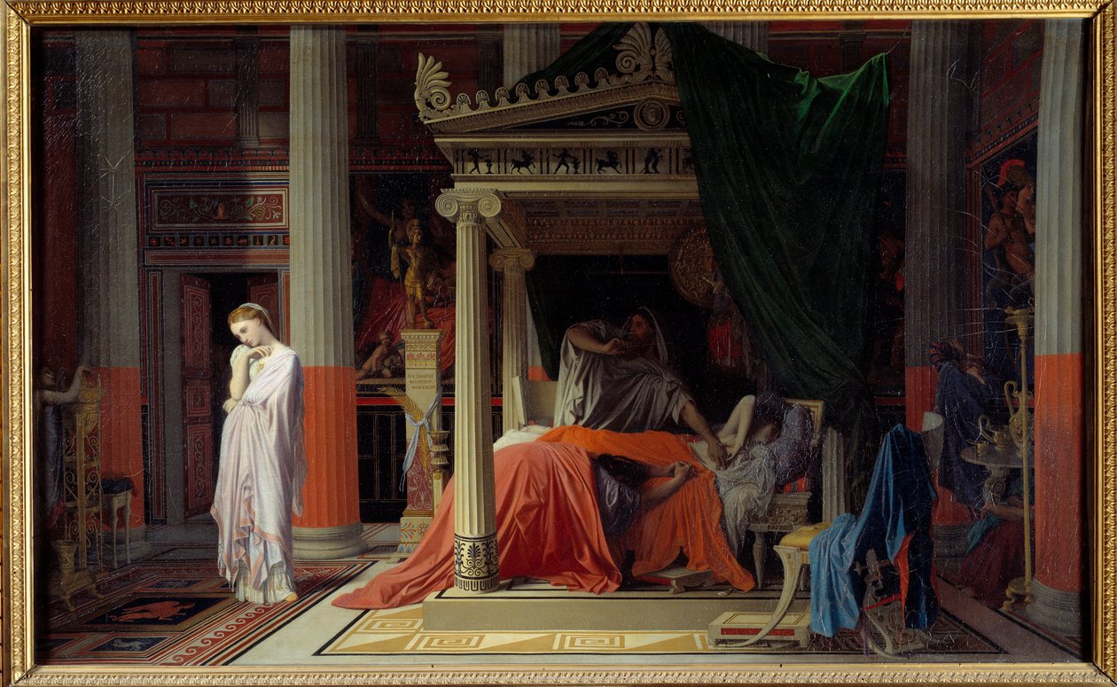 مرض Antiochus أو Antiochus و Stratonice Antiochus (324-261 قبل الميلاد) سئم من حب زوجة أبيه ستراتونيسي. رسم جان أوغست دومينيك إنجرس (1780-1867) 1840 صن. 0،57 × 0،98 م شانتيلي ، متحف كوندي - مرض أنطيوخس أو أنطيوخس أ بواسطة جان أوغست دومينيك إنجرس