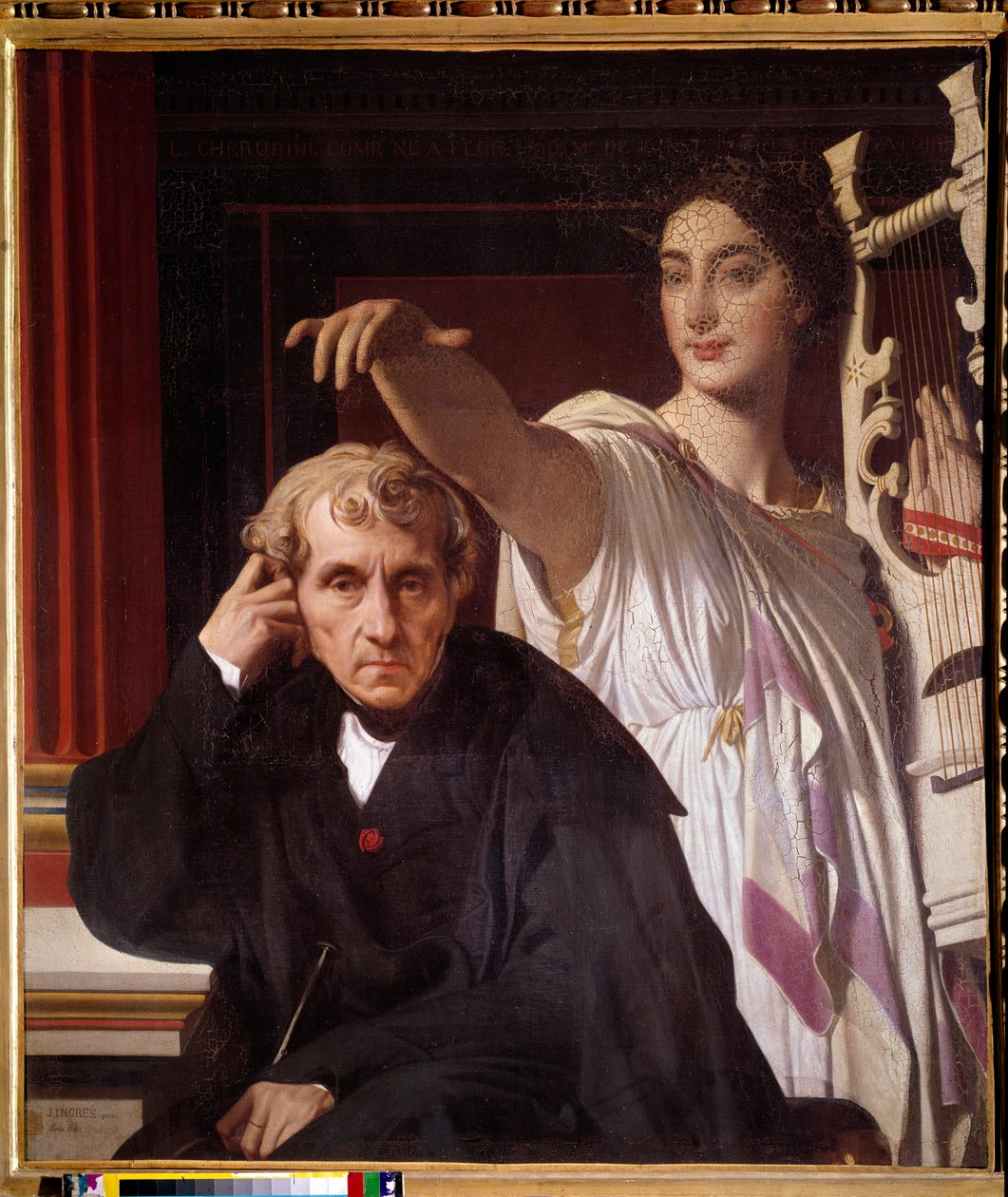 صورة للمؤلف الموسيقي الإيطالي لويجي تشيروبيني (1760 - 1842) مع متحف الشعر الغنائي. لوحة جان دومينيك إنجرس (1780-1867) بواسطة جان أوغست دومينيك إنجرس
