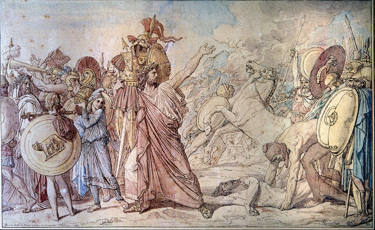 يجلب رومولوس إلى معبد جوبيتر (زيوس) أسلحة أكرون التي ضربها للتو - رسم جان أوغست دومينيك إنجرس (1780 - 1867) - باريس ، مدرسة الفنون الجميلة بواسطة جان أوغست دومينيك إنجرس