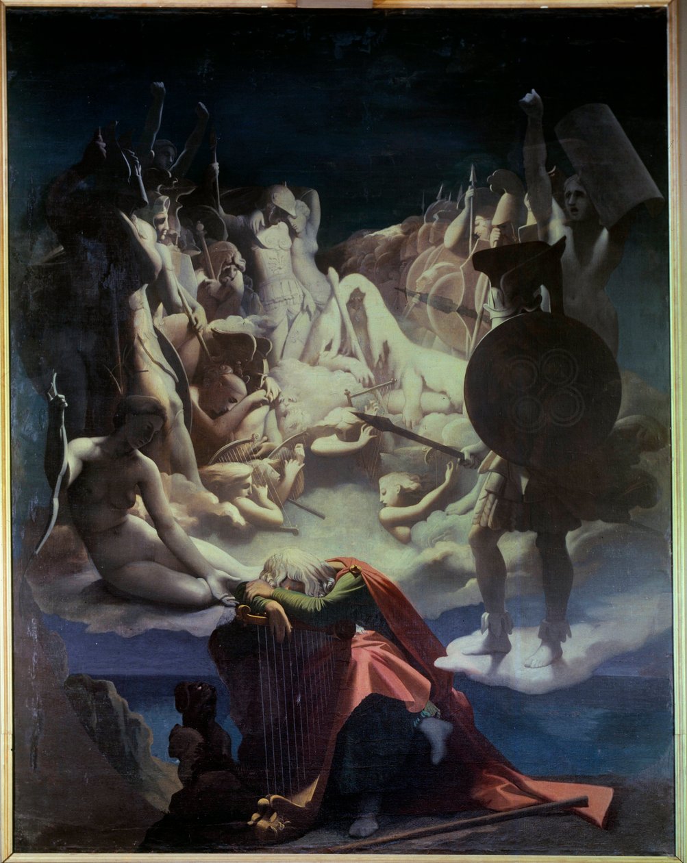 حلم الرسم التوضيحي Ossian لأوبرا "" Ossian or the Bards "لجان فرانسوا (جان فرانسوا) لو سوور (ليسور) (1760-1837) ، كان الشاعر أوسيان شاعرًا اسكتلنديًا من القرن الثالث قرأه نابليون ، إنه ممثل نائم على قيثارة ، بيهي بواسطة جان أوغست دومينيك إنجرس