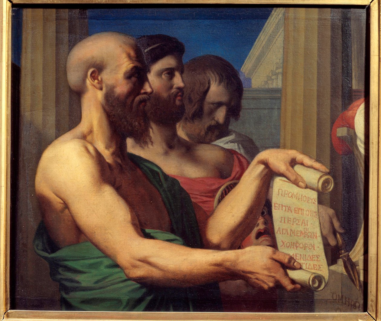 اللوحات اليونانية المأساوية للكتاب المسرحيين Aschylus (525-456 قبل الميلاد) ، سوفوكليس (495-406 قبل الميلاد) و Euripides (480-406 قبل الميلاد). رسم جان أوغست دومينيك إنجرس (1780-1867) 1866 أنجرس ، متحف الفنون الجميلة بواسطة جان أوغست دومينيك إنجرس