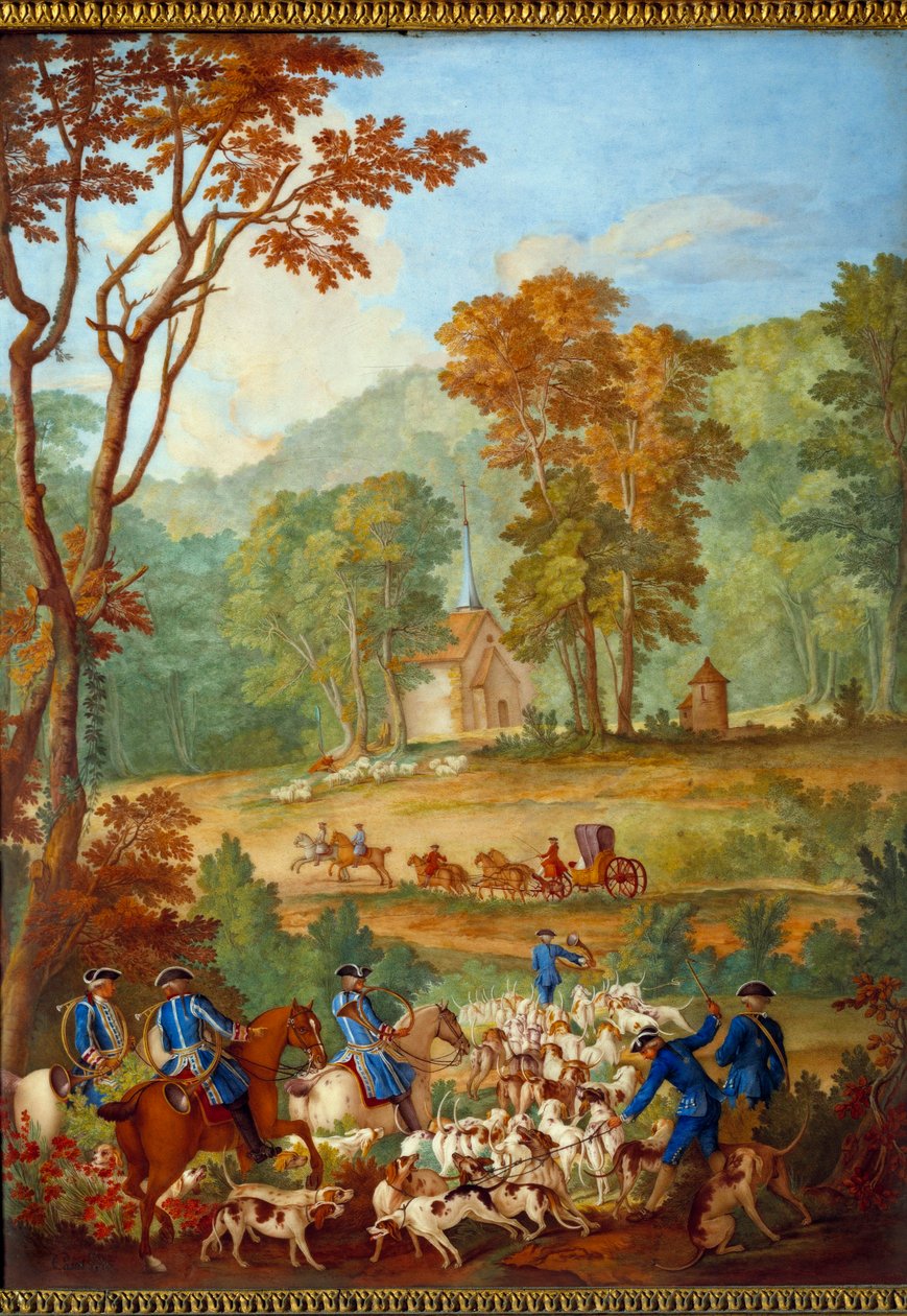 لوحة تصور عمليات الصيد التي قام بها لويس السادس عشر (1754-1793): "قطيع الكلاب العادية ذاهبة إلى الاجتماع في غابة كومبين" "لوحة خزفية لفيليب كاستل (حوالي 1746-1797) لجين بابتيست أودري (1686-1755) ) 1778-1781 خافت. 0،39 × 0،49 م بواسطة جان بابتيست (بعد) أودري