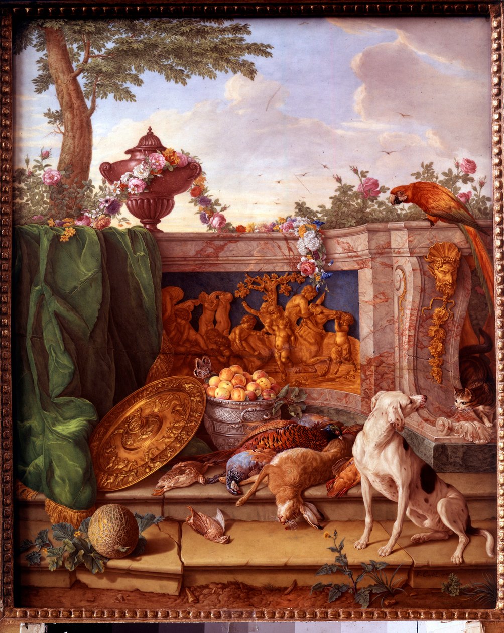 لوحة تصور مطاردة لويس السادس عشر (1754-1793): تفاصيل تمثل لعبة تربية الكلاب. رسم على الخزف لفيليب كاستل (1746-1797) لجين بابتيست أودري (1686-1755) 1778-1781 صن. 0،39x0،49 م فرساي ، متحف القصر. بواسطة جان بابتيست (بعد) أودري