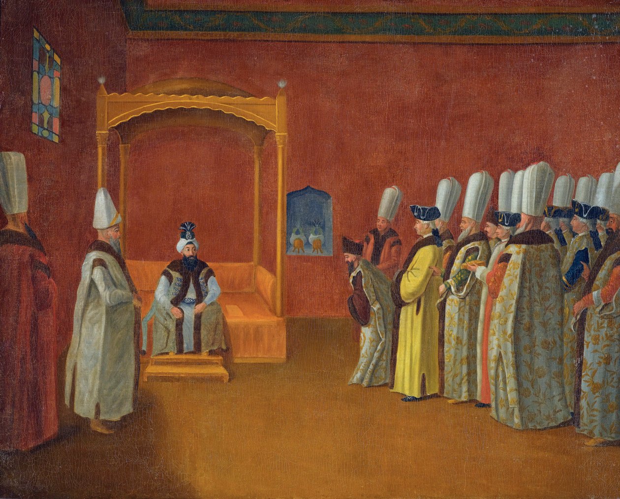 السلطان أحمد الثالث (أحمد الثالث) (1673-1736) يستقبل وفدًا من السفراء الأوروبيين في قصر توبكابي على شرف فانمور (فان مور) ، جان بابتيست بواسطة جان بابتيست (دائرة) فانمور