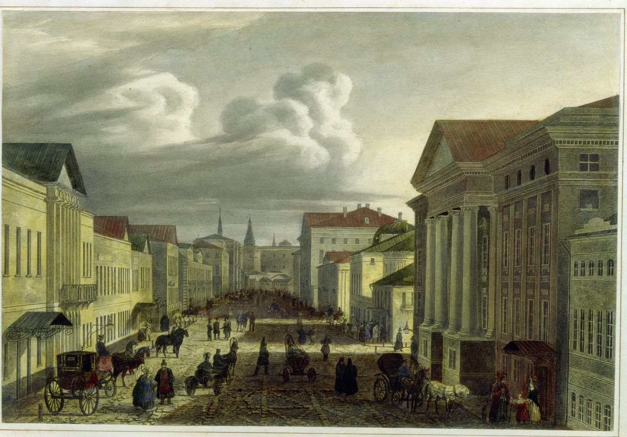 شارع تفرسكايا في موسكو (شارع تفرسكايا في موسكو). عمل أوغست جان بابتيست أنطوان كادولي (1782-1849) ، طباعة حجرية ، تلوين بالألوان المائية بواسطة جان بابتيست أنطوان كادولي