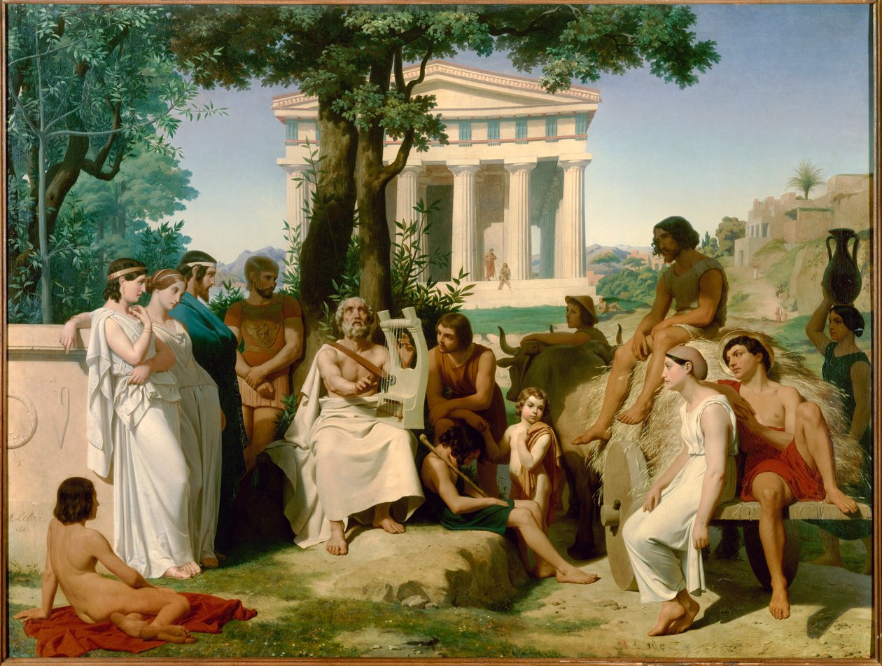 هومير ، شاعر يوناني من القرن التاسع قبل الميلاد. رسم جان بابتيست أوغست ليلوار (1809-1892) من عام 1841 (147 × 195 سم). . بواسطة جان بابتيست أوجست ليلوير