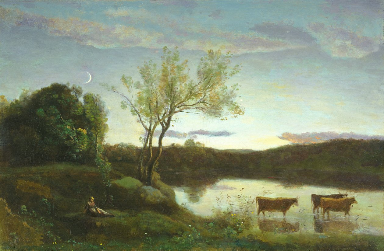 بركة بثلاث بقرات وهلال ، c.1850 بواسطة جان بابتيست كميل كوروت