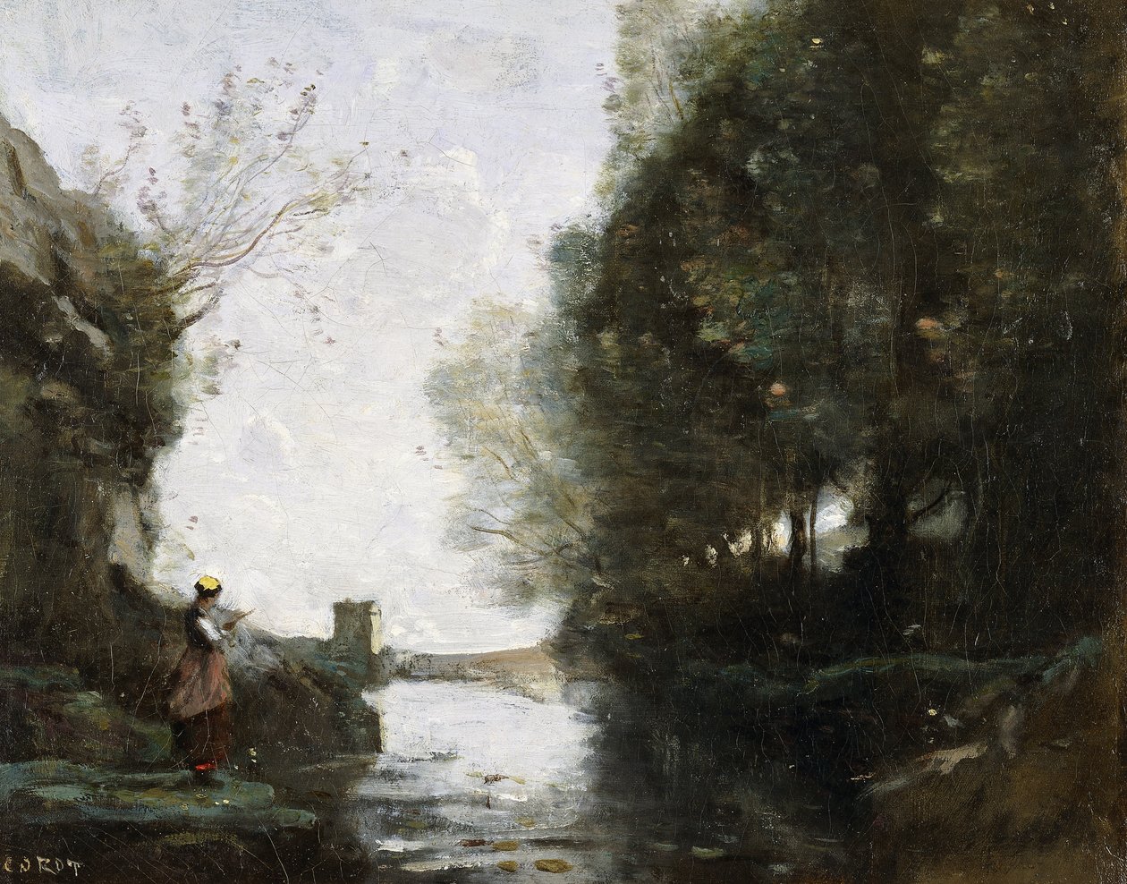 نهر ببرج مربع ومزارع في المقدمة ، c.1865-70 بواسطة جان بابتيست كميل كوروت