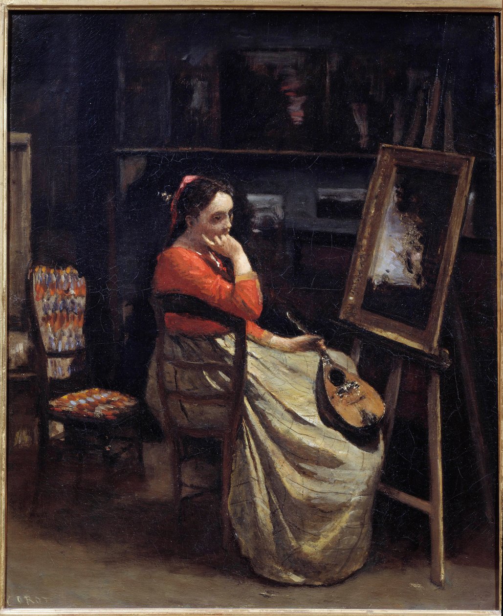 شابة متأمل ، مندولين في يده ، في استوديو الرسام لوحة بواسطة كاميل كورو (1796-1875) 1865 صن. 0،56 × 0،46 م باريس ، متحف أورسيه بواسطة جان بابتيست كميل كوروت