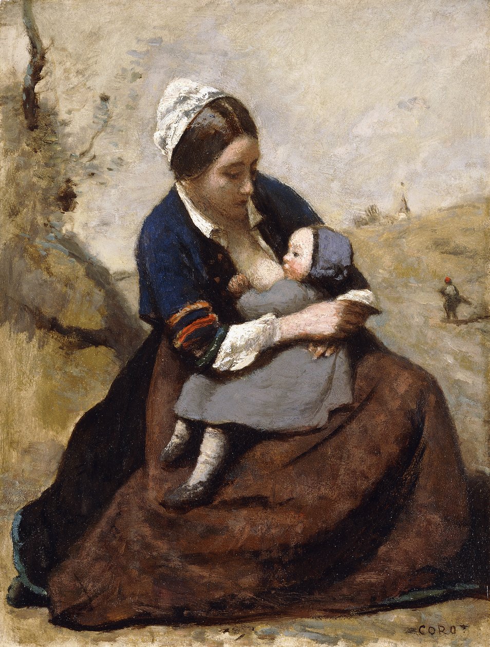 بريتون ترضع طفلها ؛ بريتون ترضع طفلها ، 1855-1860 بواسطة جان بابتيست كميل كوروت