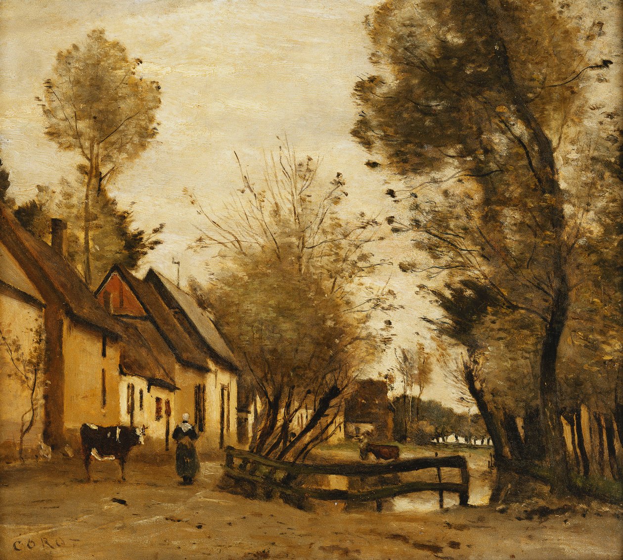 Flesselles ، شارع مع الفلاحين والبقرة ؛ Flesselles ، شارع مع امرأة فلاحية وبقرة لها ، c.1862-1865 بواسطة جان بابتيست كميل كوروت