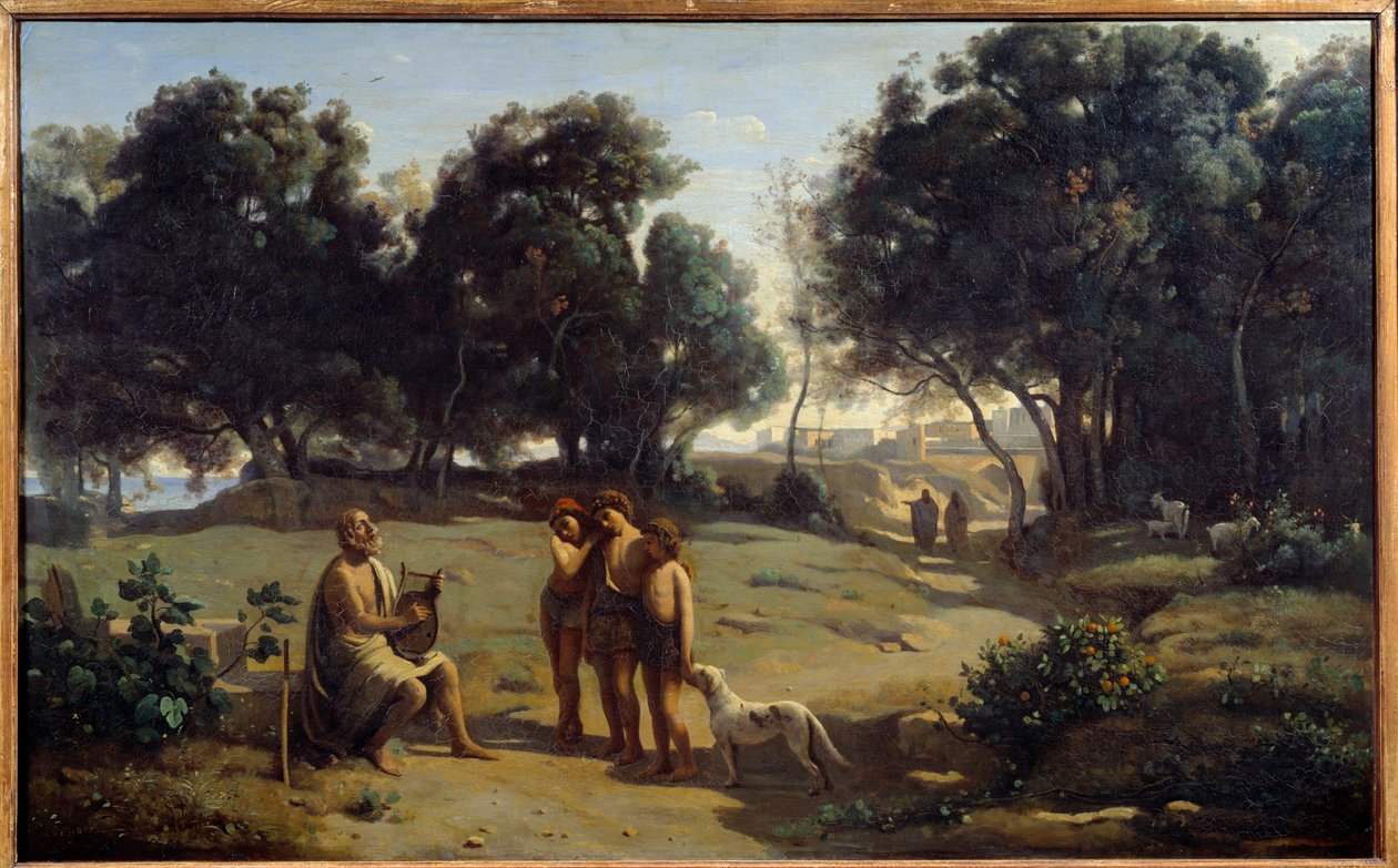هومري ورعاة. الشاعر اليوناني في جزيرة باثمس. لوحة كاميل كورو (1796-1875) 1845 صن. 0،8x1،3 م سان لو ، متحف الفنون الجميلة بواسطة جان بابتيست كميل كوروت