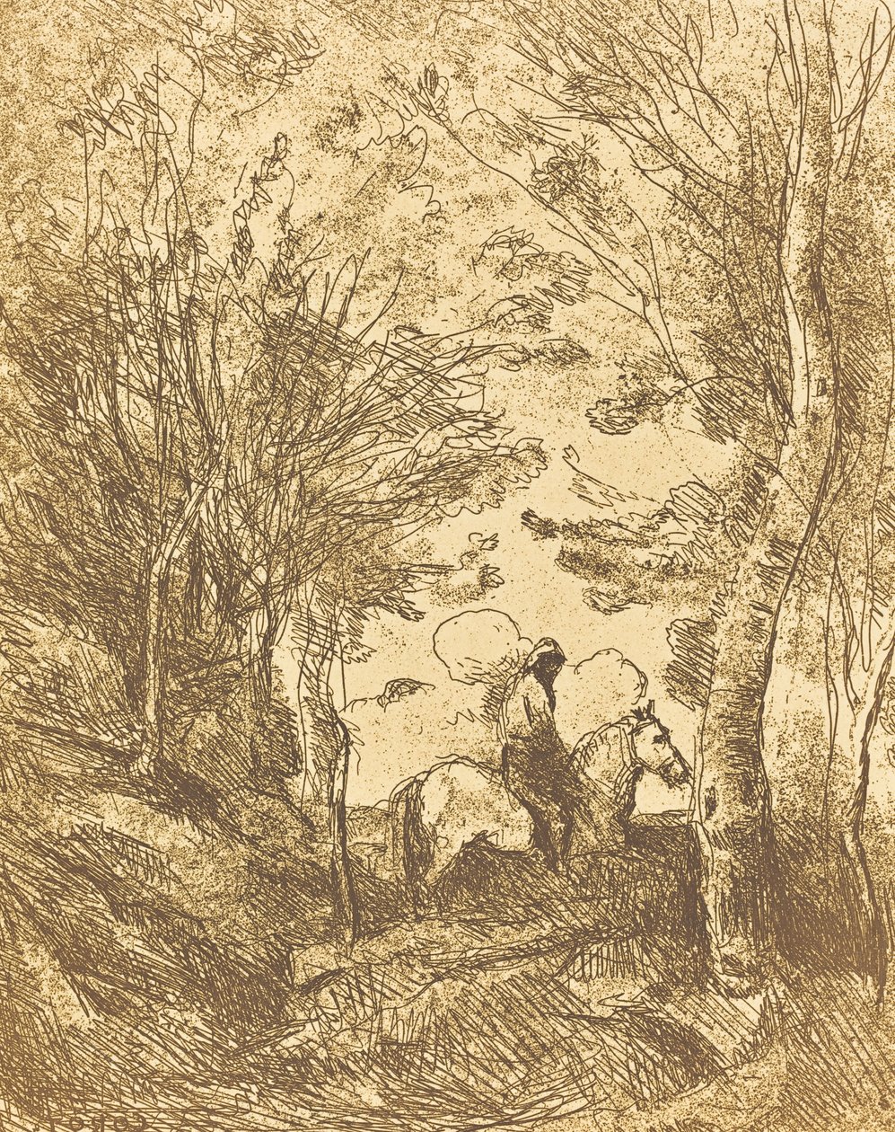 فارس في الغابة ، لوحة كبيرة Le Grand Cavalier sous bois ، c. 1854. بواسطة جان بابتيست كميل كوروت