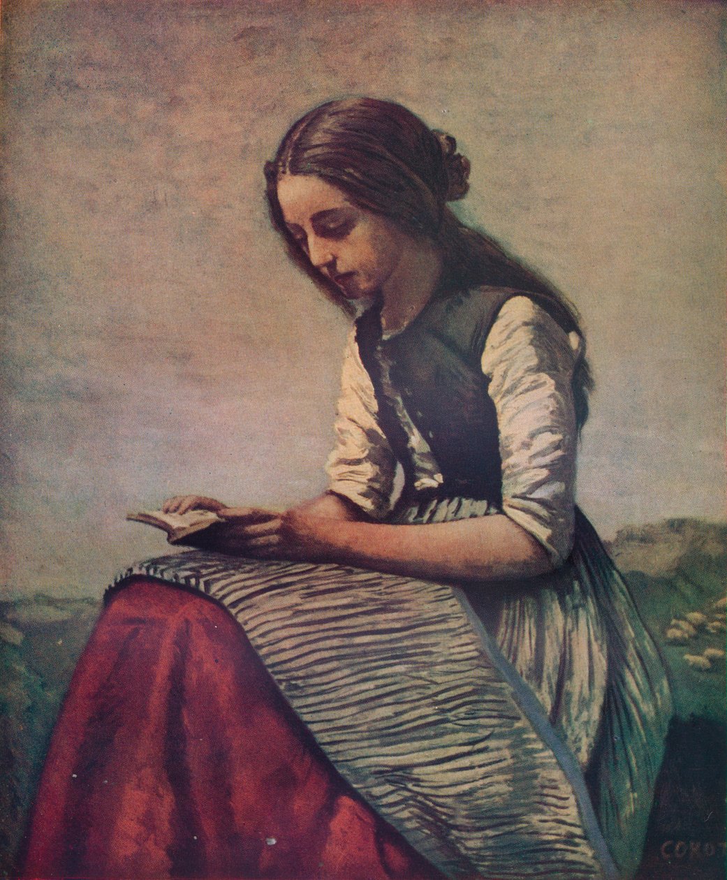 ضوء القراءة الصغير أو الراعية الشابة جالسة وقراءة ، c1855 بواسطة جان بابتيست كميل كوروت