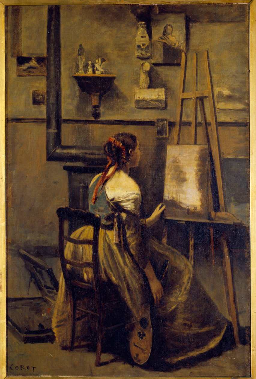 L'atelier de Camille Corot ، امرأة شابة تجلس أمام حامل لوحة رسمها كاميل كورو (1796-1875) من القرن التاسع عشر صن. 0،63x0،42 م - ورشة عمل كاميل كورو ، شابة تجلس أمام حامل. لوحة كاميل كورو (1796-1875) بواسطة جان بابتيست كميل كوروت