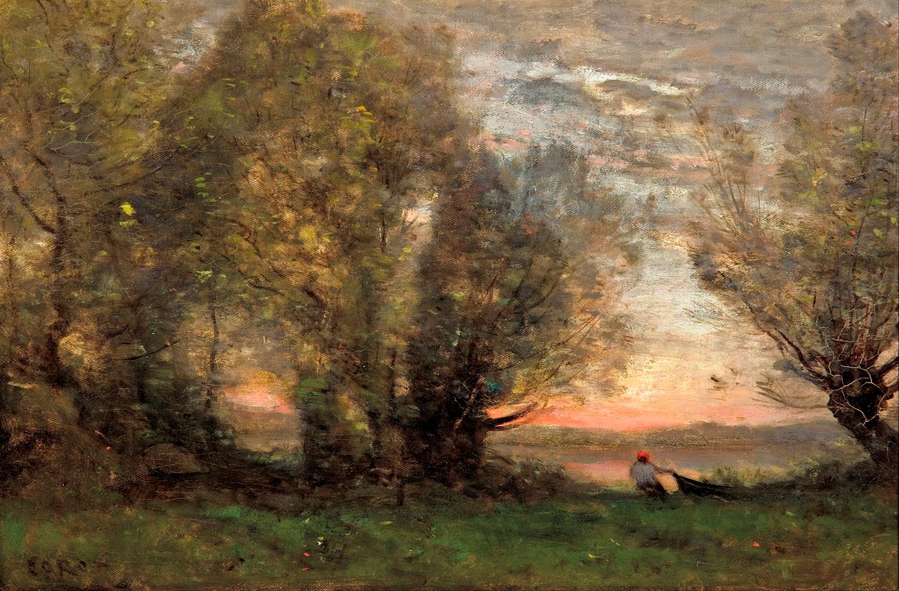 "الصياد ، تأثير المساء" (الصياد ، تأثير المساء) رسم جان بابتيست كميل كورو (1796-1875) - 1860-1870 - ألوان زيتية على قماش قاتم 27.7x41.4 سم غاليري جنوب أستراليا بواسطة جان بابتيست كميل كوروت