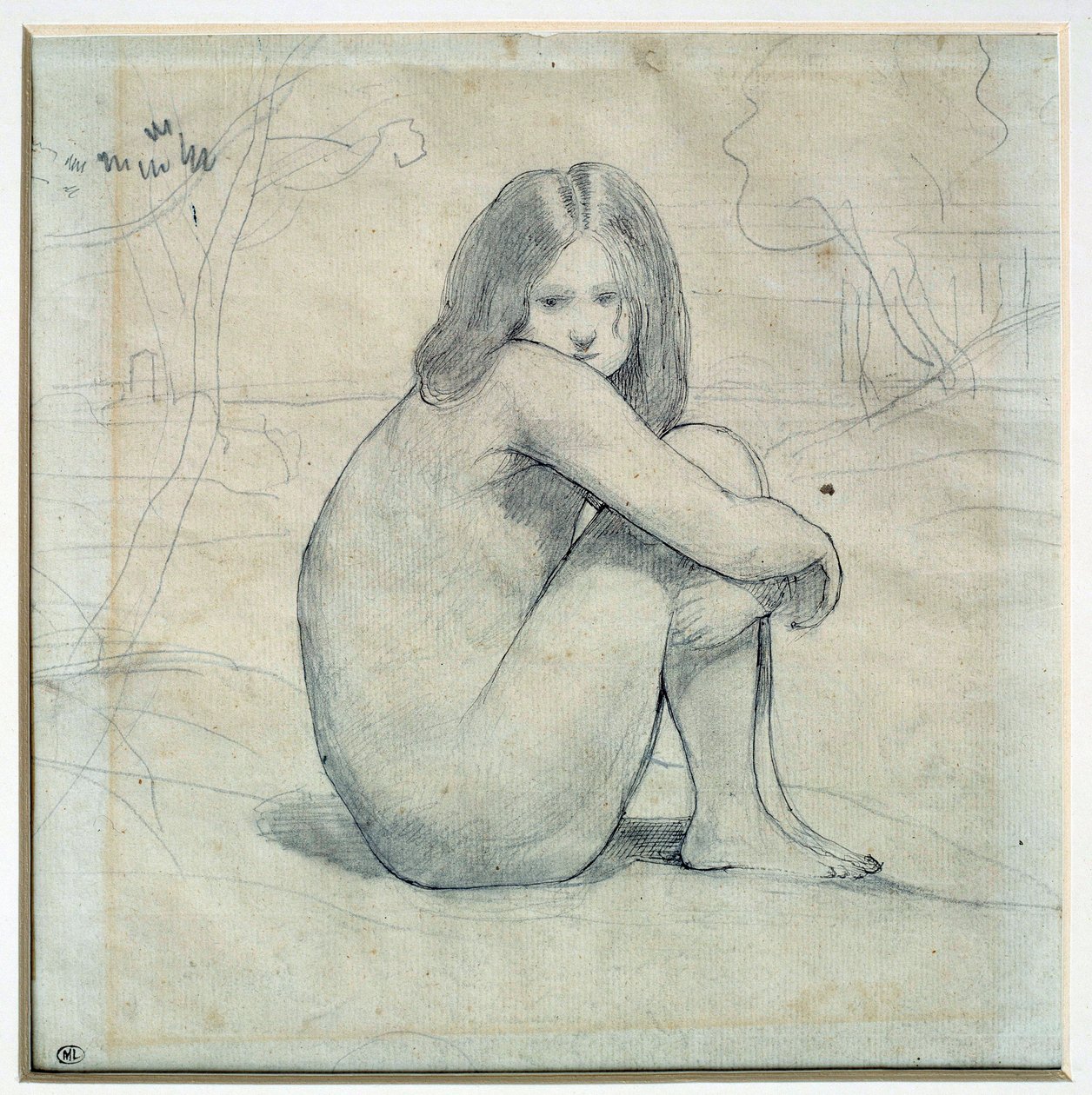 فتاة صغيرة تجلس في منظر طبيعي رسم بقلم الرصاص والحبر الأسود بواسطة كاميل كورو (1796-1875) من القرن التاسع عشر. 0،22x0،26 م باريس ، متحف اللوفر بواسطة جان بابتيست كميل كوروت