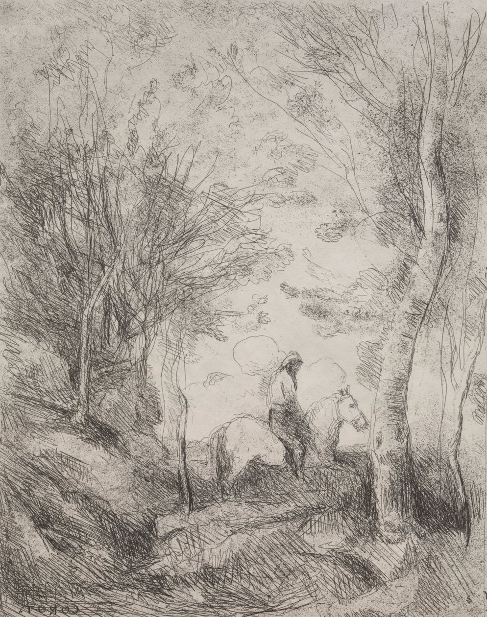 The Cavalier in the Wood ، الانطباع الأصلي 1854 ، طبع في عام 1921. بواسطة جان بابتيست كميل كوروت