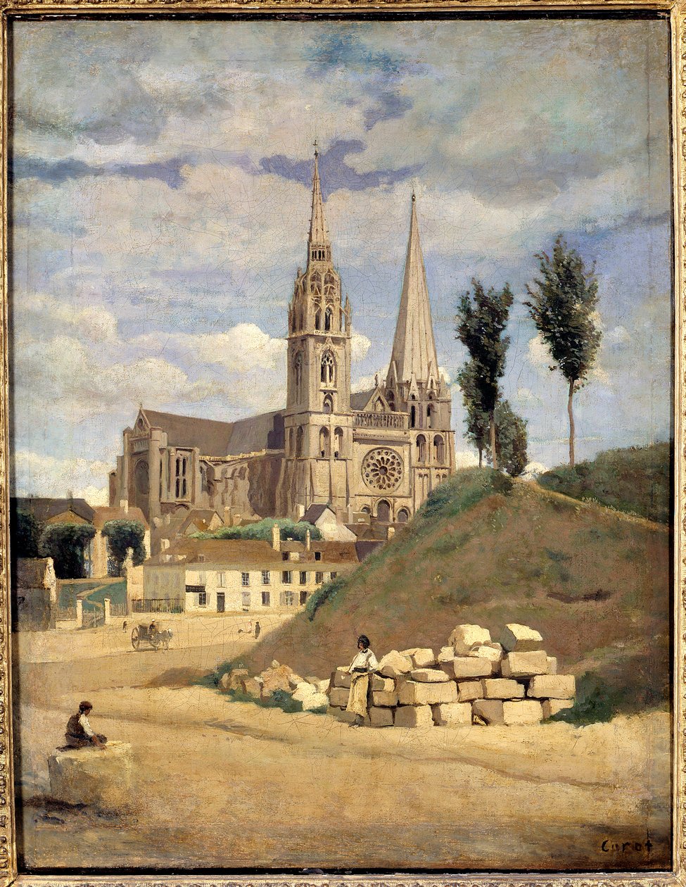 The cathedral of Chartres. Exterior view of the Cathedrale Notre Dame (Notre-Dame) of Chartres - Painting by Camille Corot (1796-1875) بواسطة جان بابتيست كميل كوروت