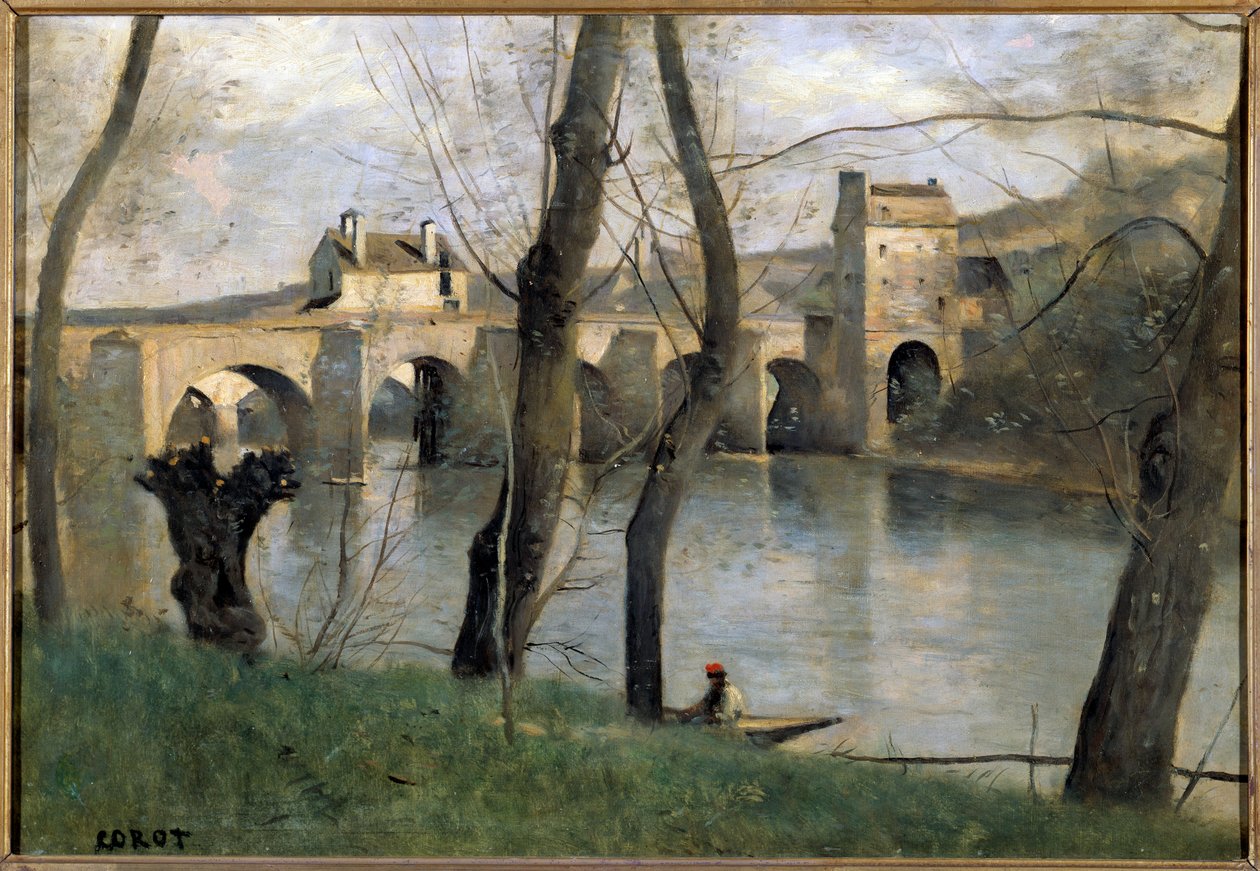View of the bridge of Mantes Painting by Camille Corot (1796-1875) 19th century Sun. 0,38x0,55 m Paris musee du Louvre بواسطة جان بابتيست كميل كوروت